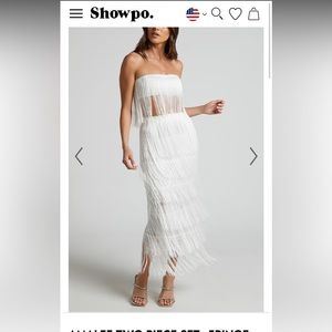 Showpo two piece white fringe skirt set. Skirt NWT. Top worn once